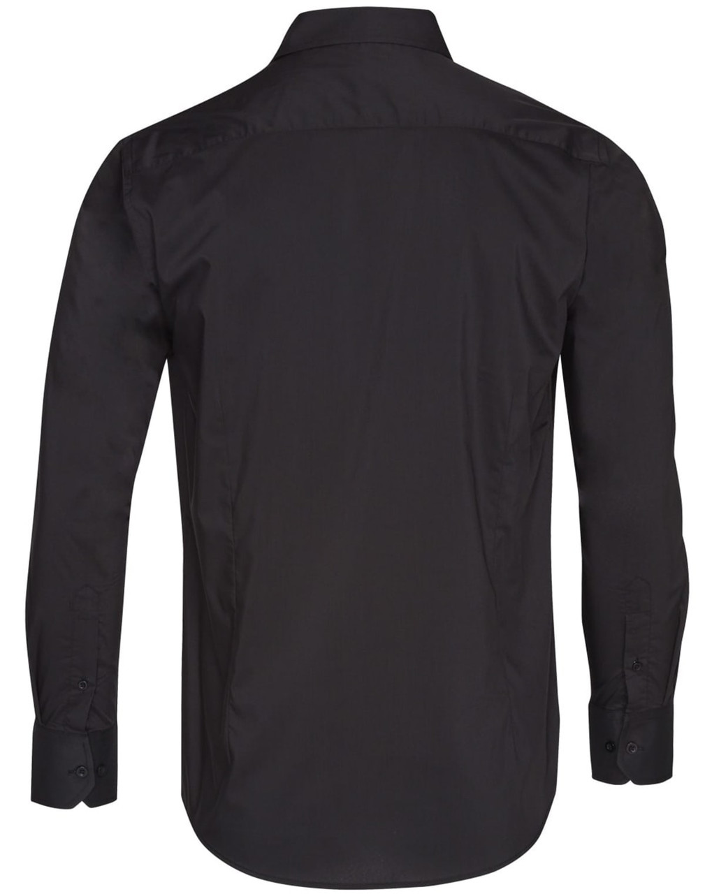 A black long sleeve button-up shirt with a smooth finish and a simple design. Features branding on the label.