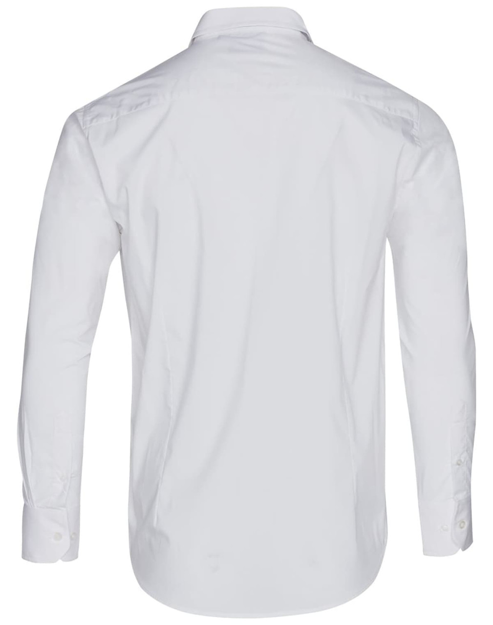 A white long sleeve button-up shirt with a smooth finish and a collar, featuring a logo.