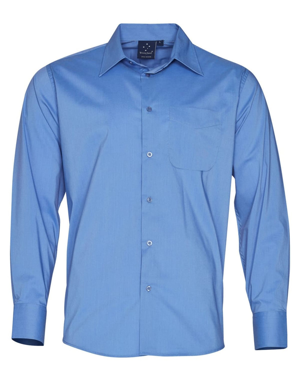 A blue button-up shirt with long sleeves and a front pocket, featuring a collar and a logo on the label.