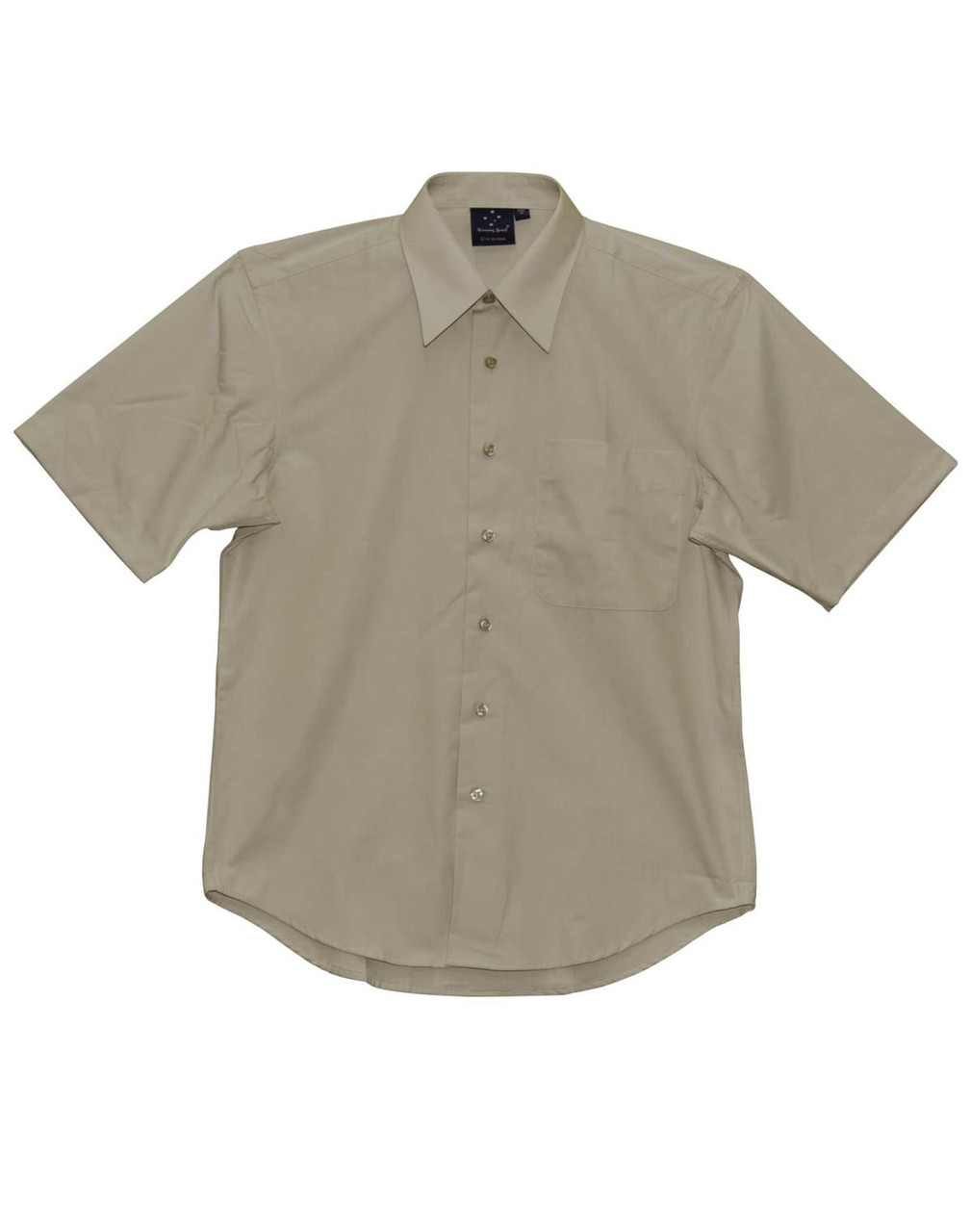 A light beige men's short sleeve button-up shirt with a chest pocket and a logo.
