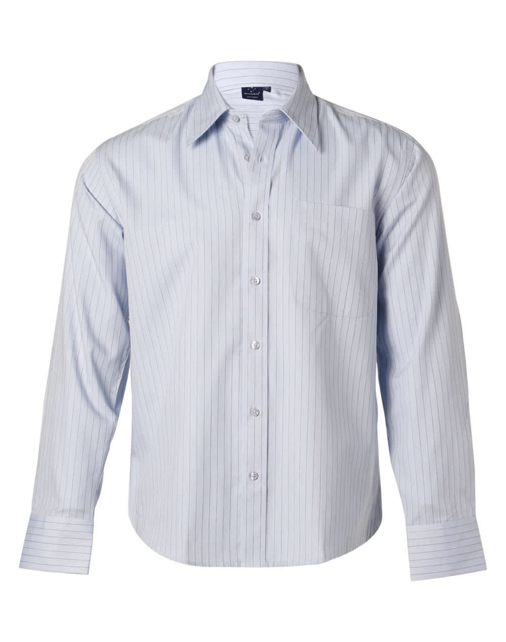 A light blue pinstripe button-up shirt with long sleeves and a chest pocket, featuring a logo on the collar.