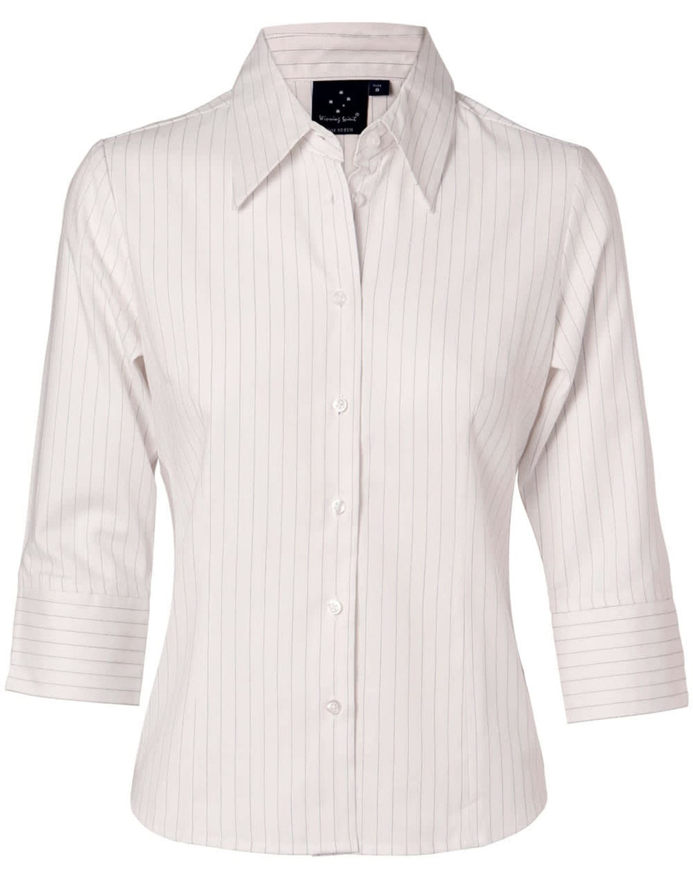 A ladies' pinstripe long sleeve shirt in cream, featuring a button-up front and a collar. The shirt has a logo.