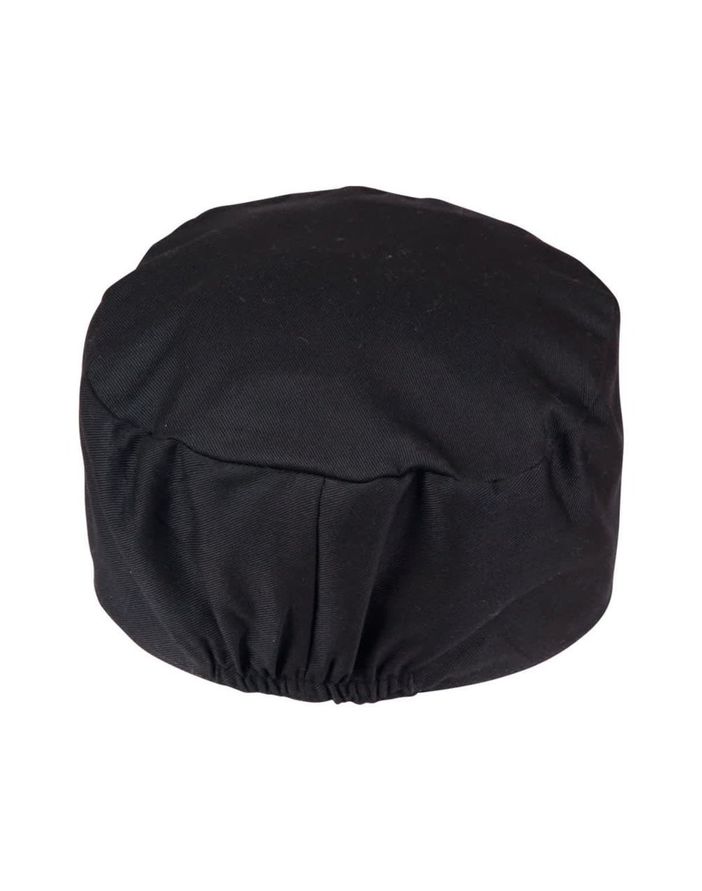A black Chef's Cap featuring an elasticated band for a secure fit and a rounded top design.