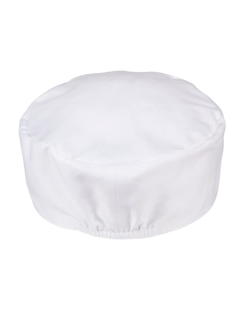 A white chef's cap with a round, gathered design. Features a logo on the side.