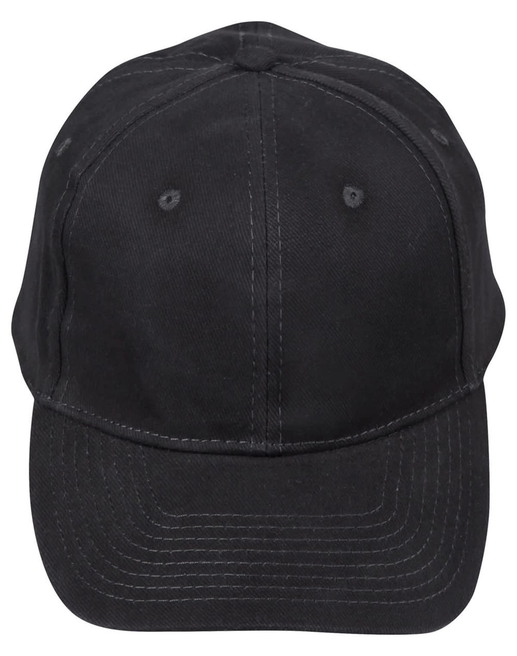 A black heavy brushed cotton cap with a curved brim and six-panel construction. It features a logo on the front.