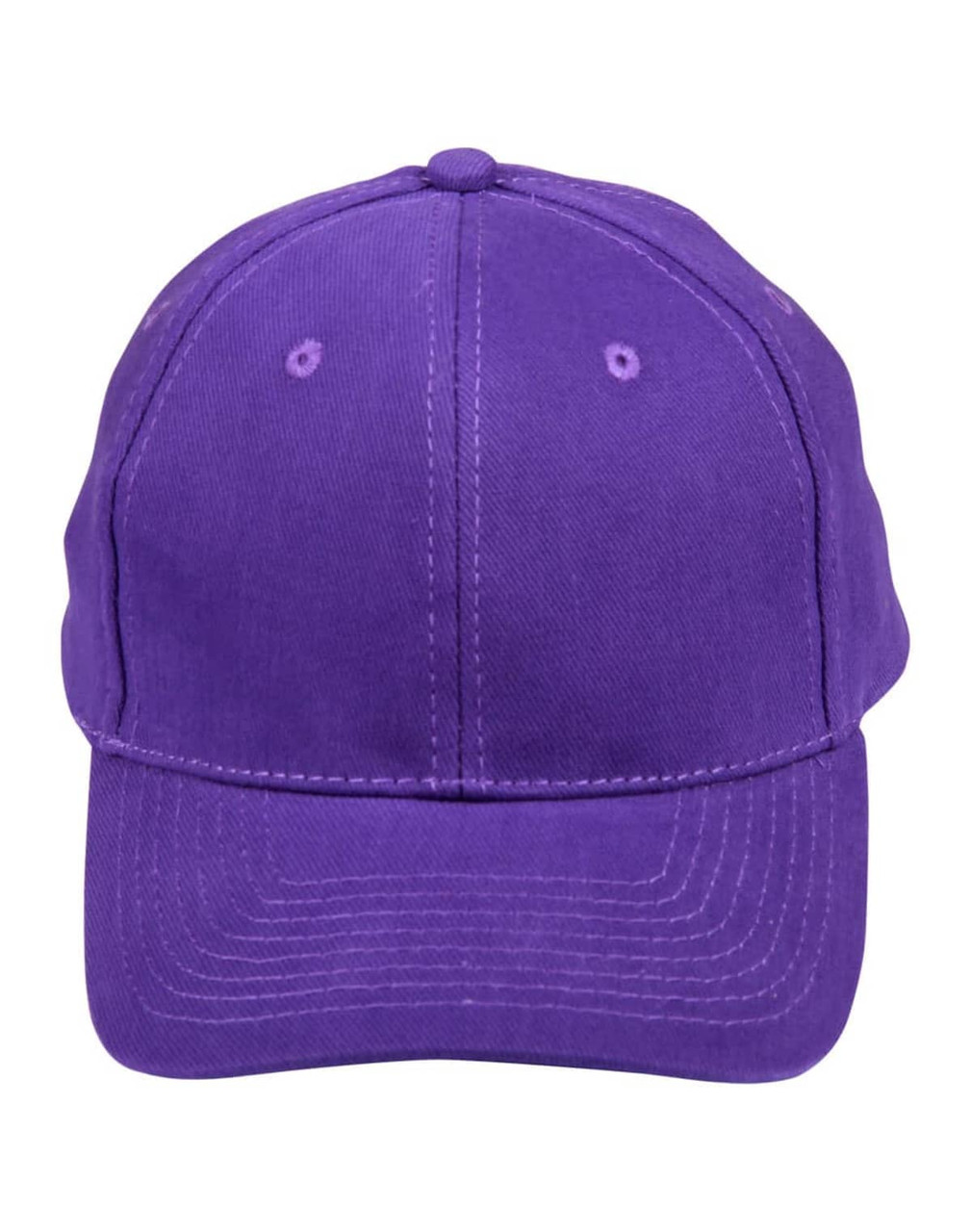 A purple heavy brushed cotton cap with a curved brim and ventilation eyelets, featuring a logo on the front.