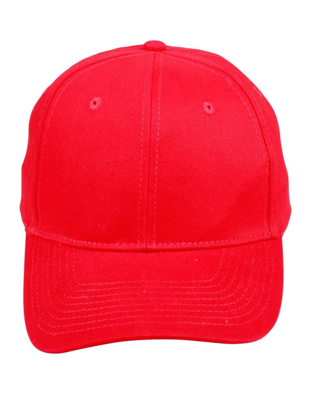 A red heavy brushed cotton cap with a curved brim and an adjustable strap at the back.