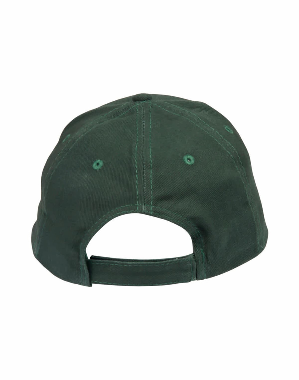 A green heavy brushed cotton cap with stitching details and an adjustable back strap. Features a logo on the side.