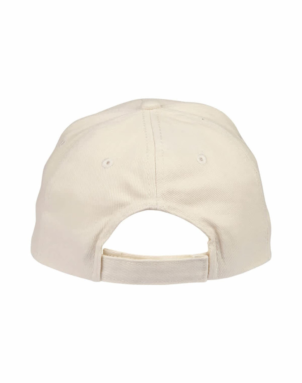 A heavy brushed cotton cap in cream colour with an adjustable strap and a logo on the back.