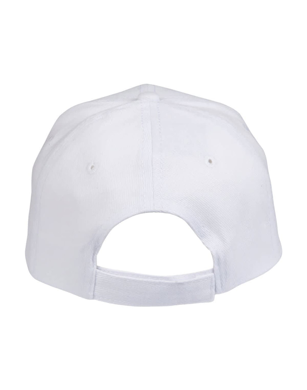 A white heavy brushed cotton cap featuring a back strap and ventilation holes. It includes a logo.