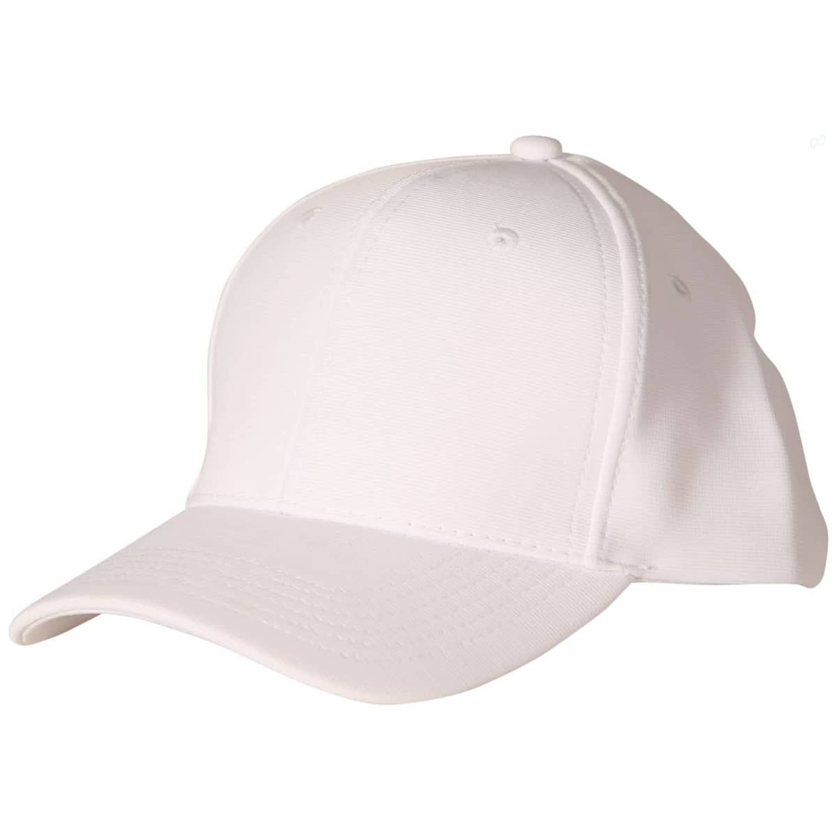 A white Ottoman cap with a curved brim and a rounded crown, featuring ventilation eyelets and a logo.