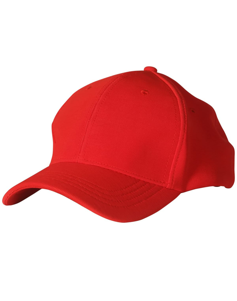 A red Ottoman cap featuring a structured design and a curved brim, with an unembellished style.