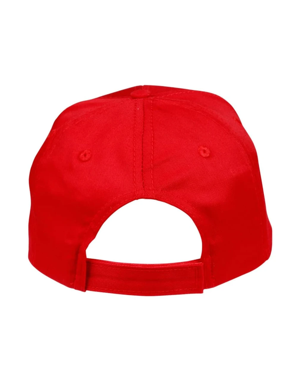 A red polycotton twill cap with an adjustable strap and a branded logo on the back.