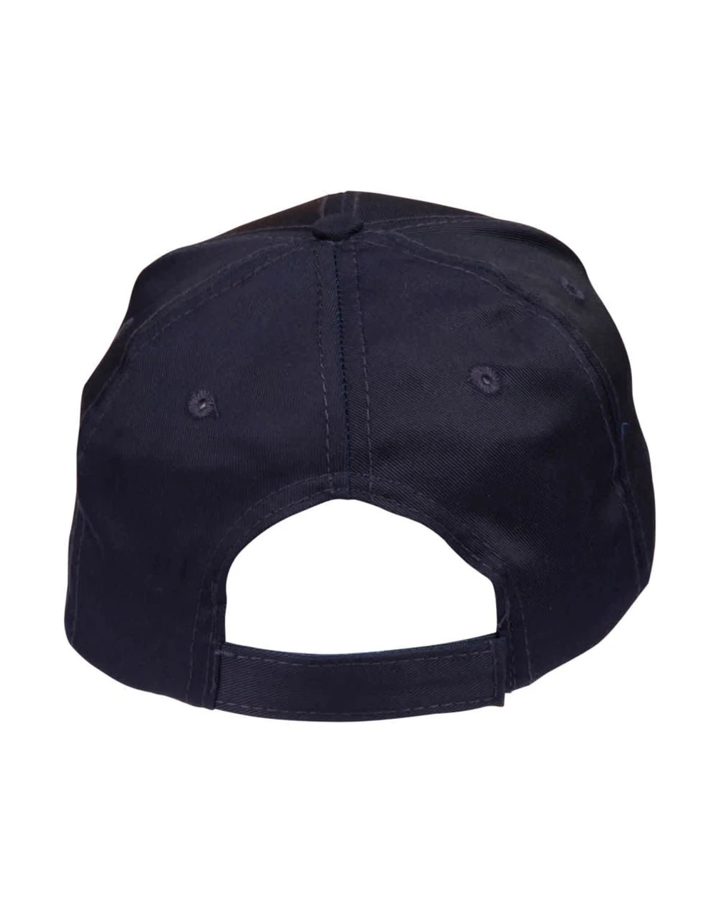 A navy blue polycotton twill cap featuring a back strap and ventilation holes. It has a branded logo.