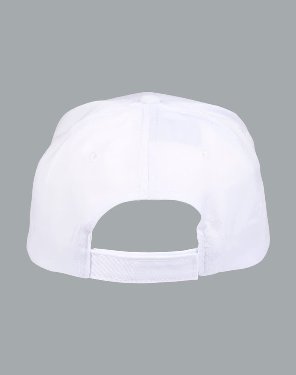 A white polycotton twill cap featuring an adjustable back strap and a logo on the side.