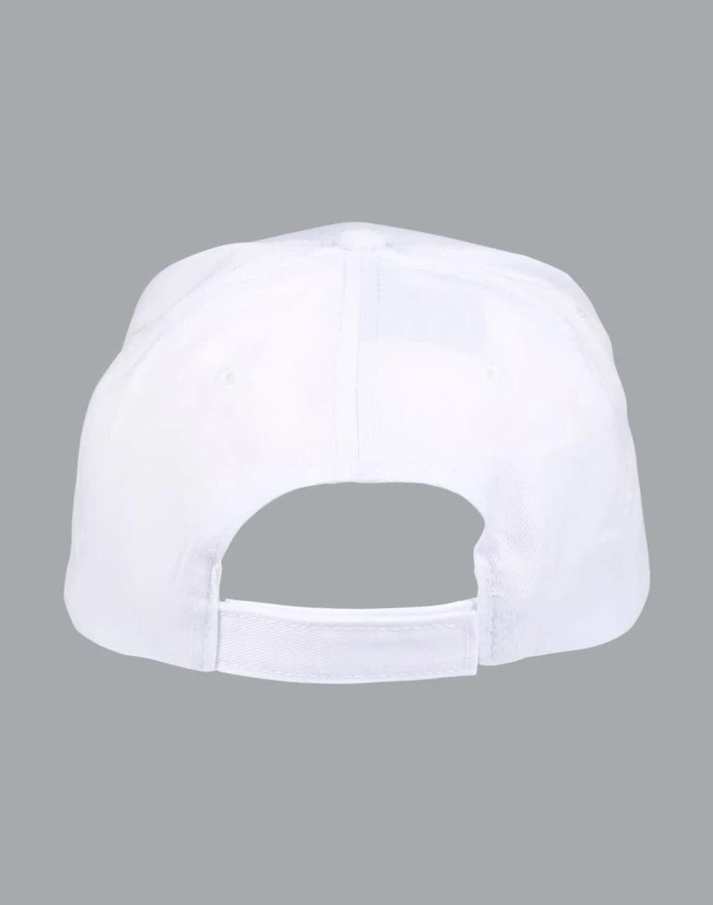 A white polycotton twill cap featuring an adjustable back strap and a logo on the side.