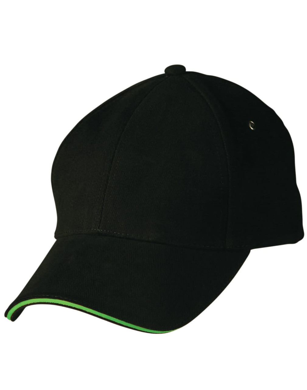 A black cap with a green accent on the brim, featuring a logo on the side.