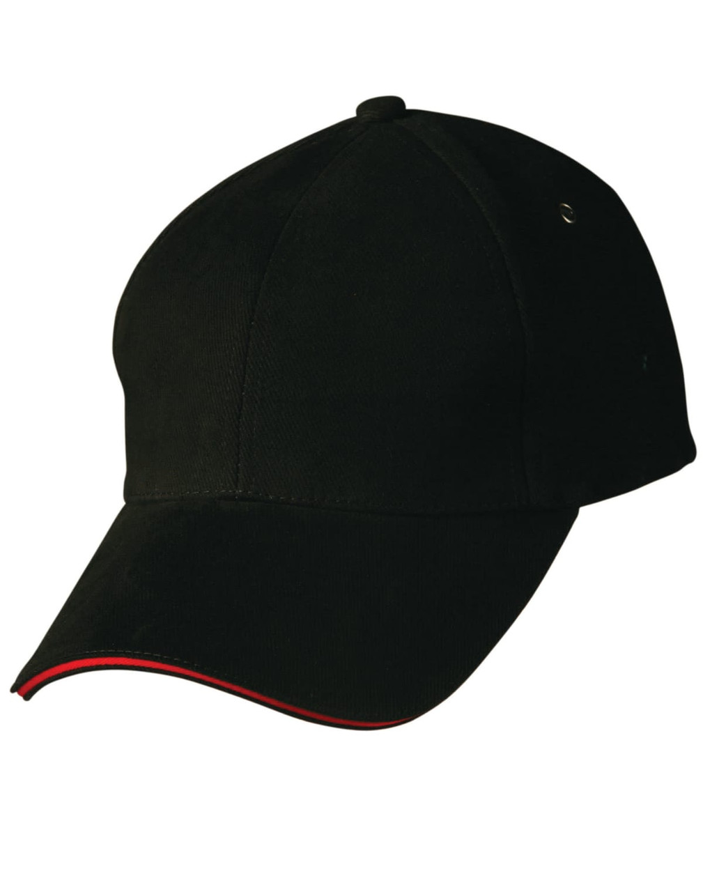 A black cap with a curved brim and a red trim, featuring a logo on the side.