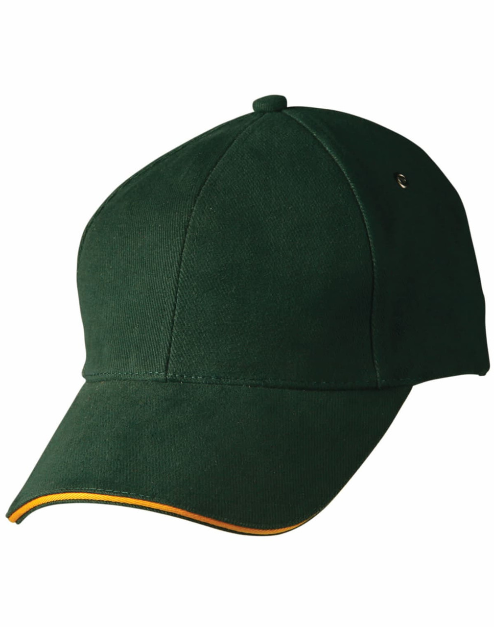 A green cap with a curved brim, featuring a subtle logo and a yellow accent on the brim.