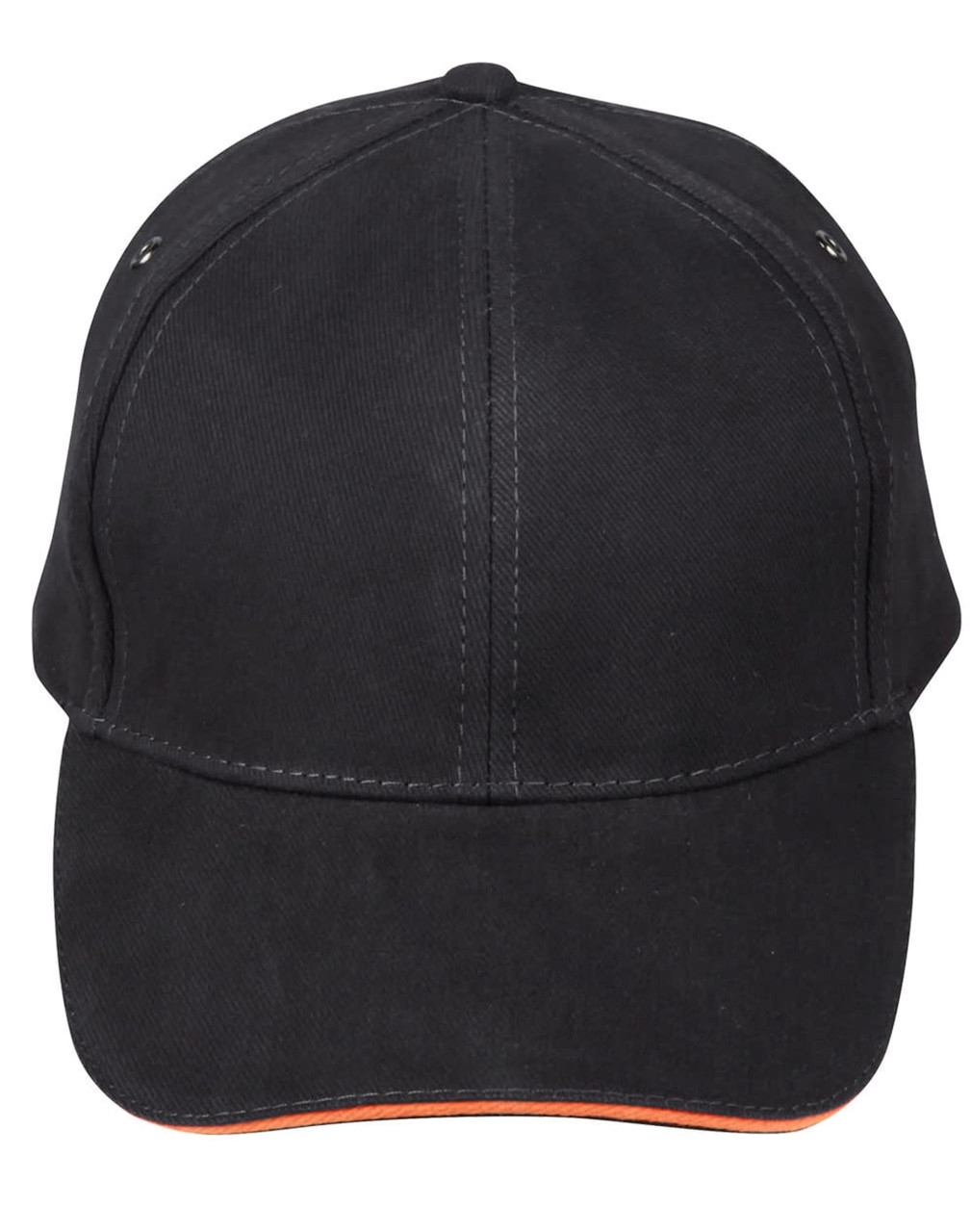 A black cap with an orange underside, featuring stitching details and a logo on the front.