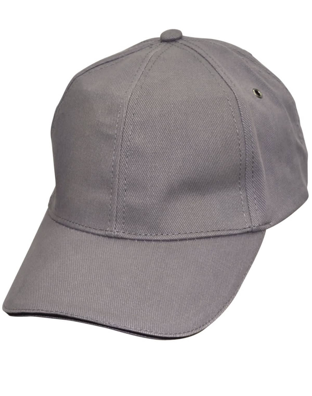 A grey Sandwich Peak Cap featuring a classic design and a logo on the side. Suitable for casual wear.