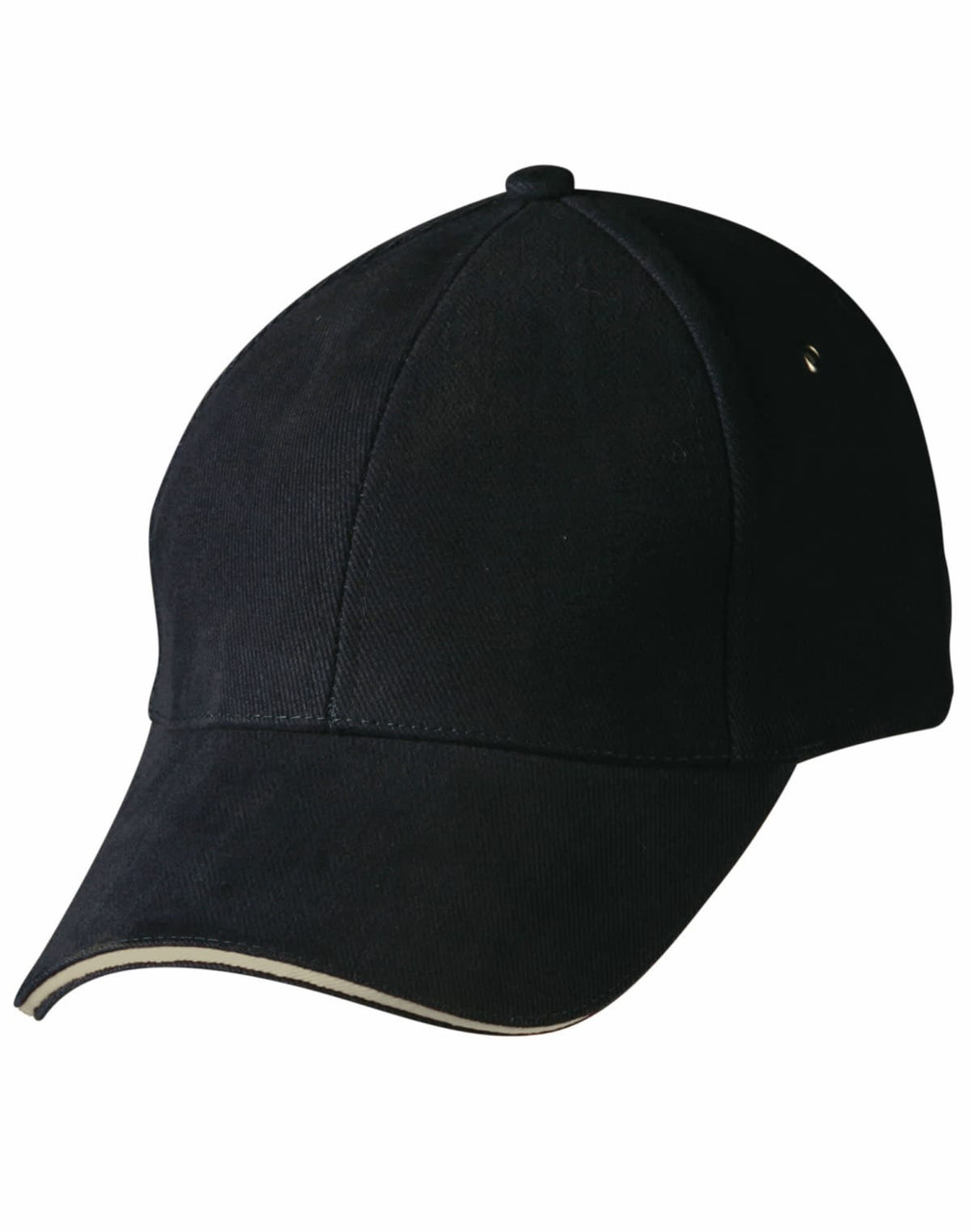 A black cap with a curved brim and a decorative trim, featuring a logo on the side.