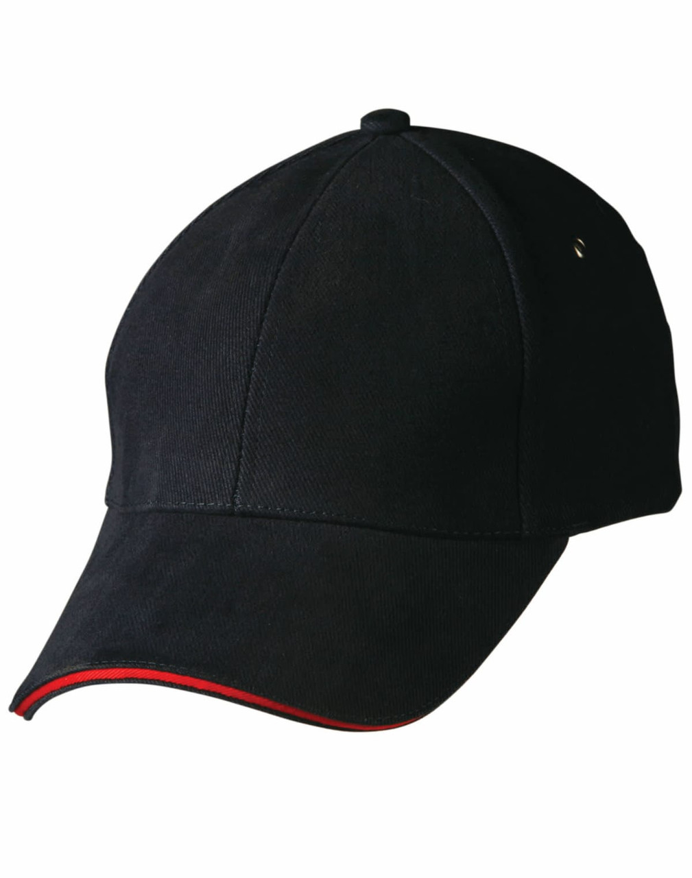 A black cap with a curved peak and a red underbrim. It features a small logo on the side.