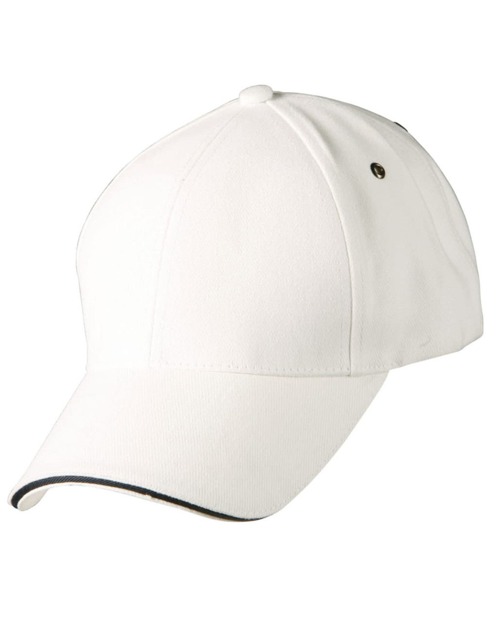 A white cap with a curved brim and a detailing stripe, featuring a logo on the side.