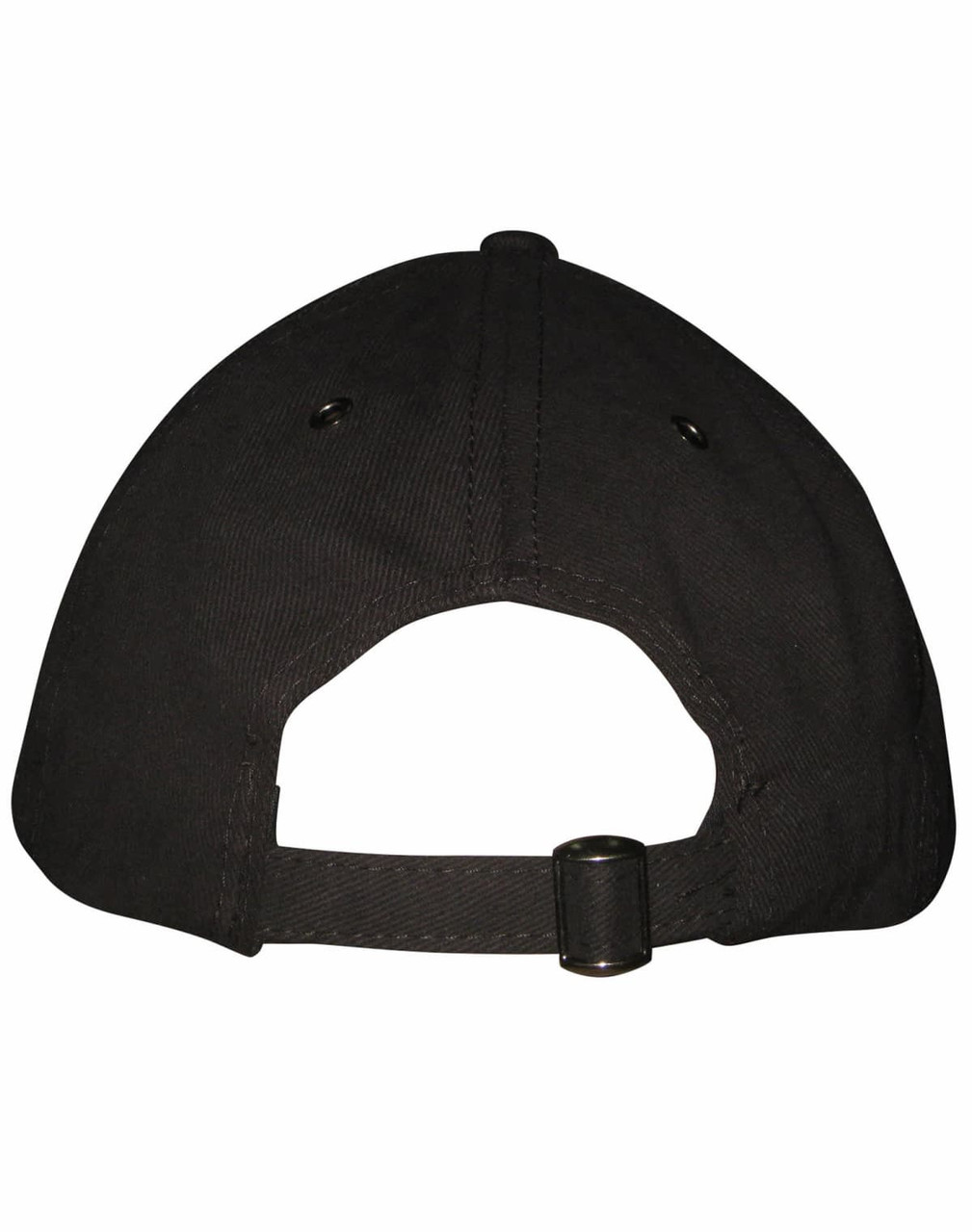 A black cap featuring a curved brim, made of sturdy fabric with ventilation holes and an adjustable strap at the back.