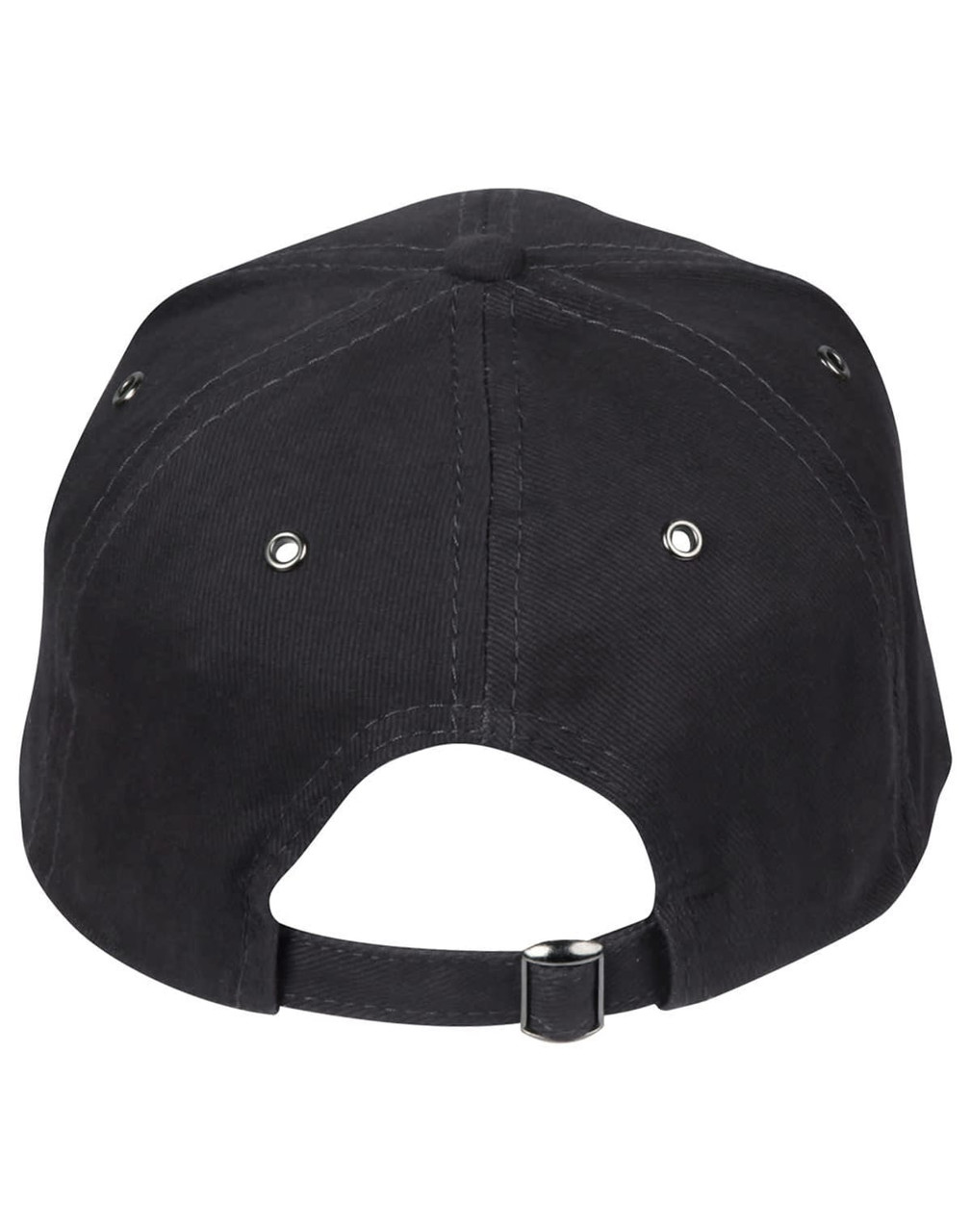 A black cap with a curved brim, showing eyelets and an adjustable strap at the back. It features a logo.