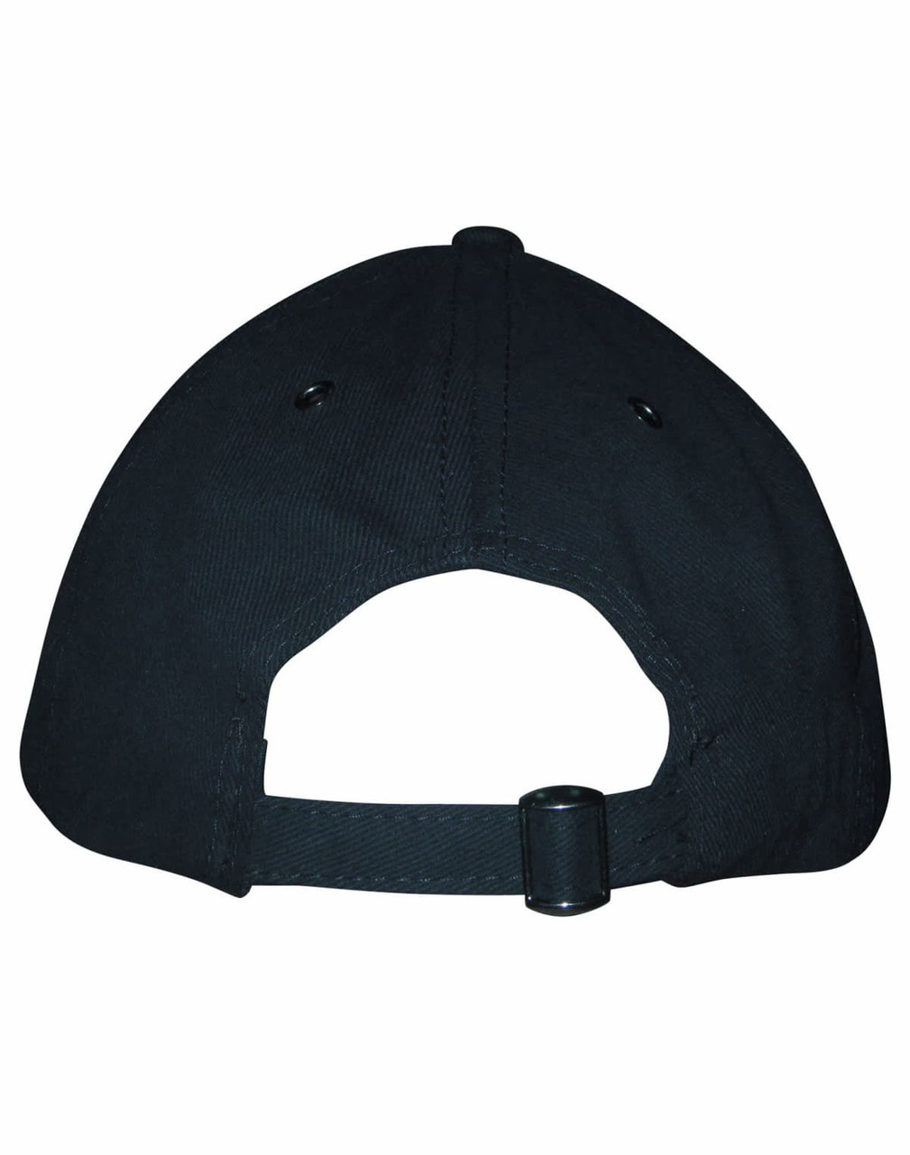 A black Sandwich Peak Cap featuring a curved peak and an adjustable strap at the back with a logo.