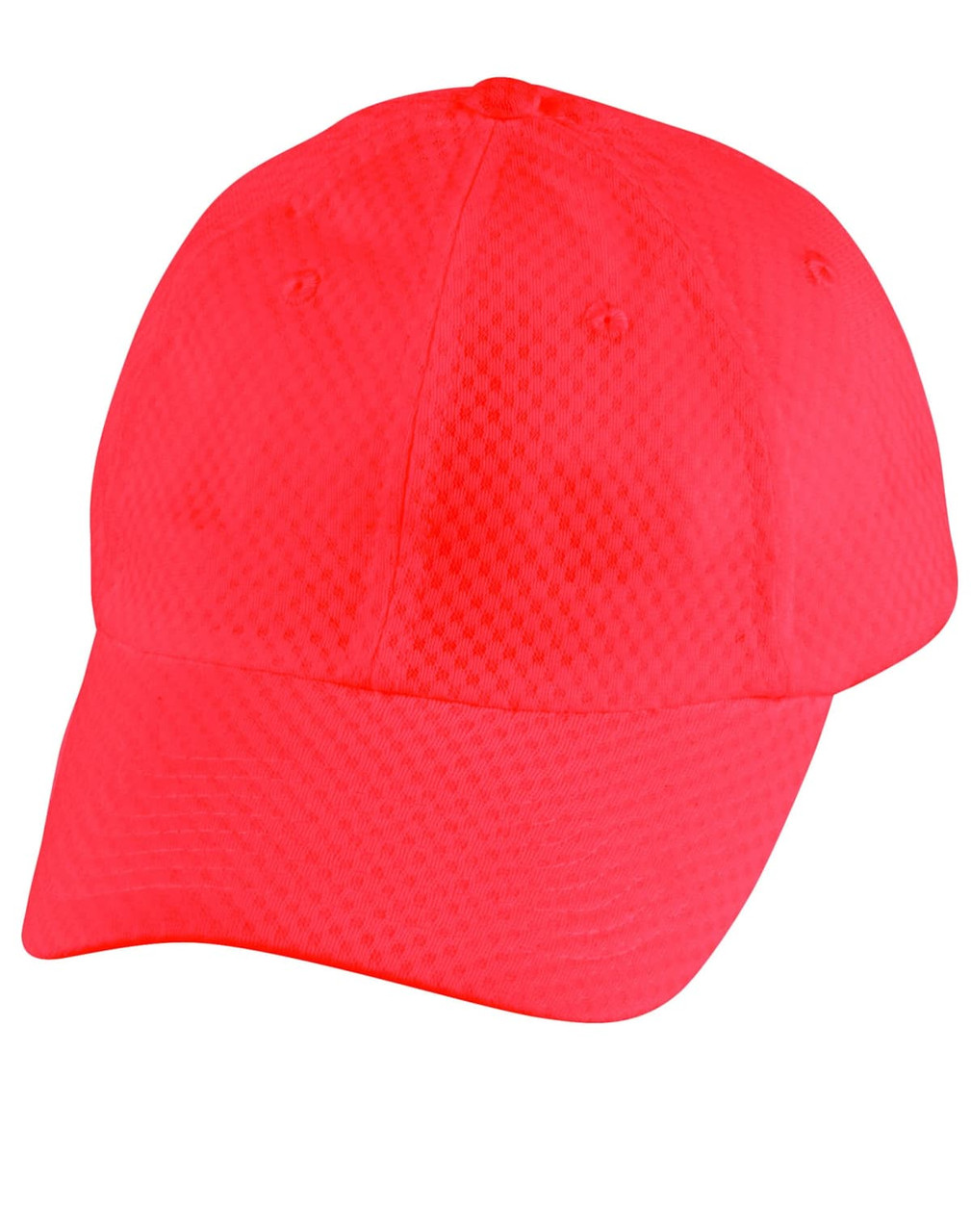 A bright pink athletic mesh cap with a structured brim and ventilation features. It includes a logo.