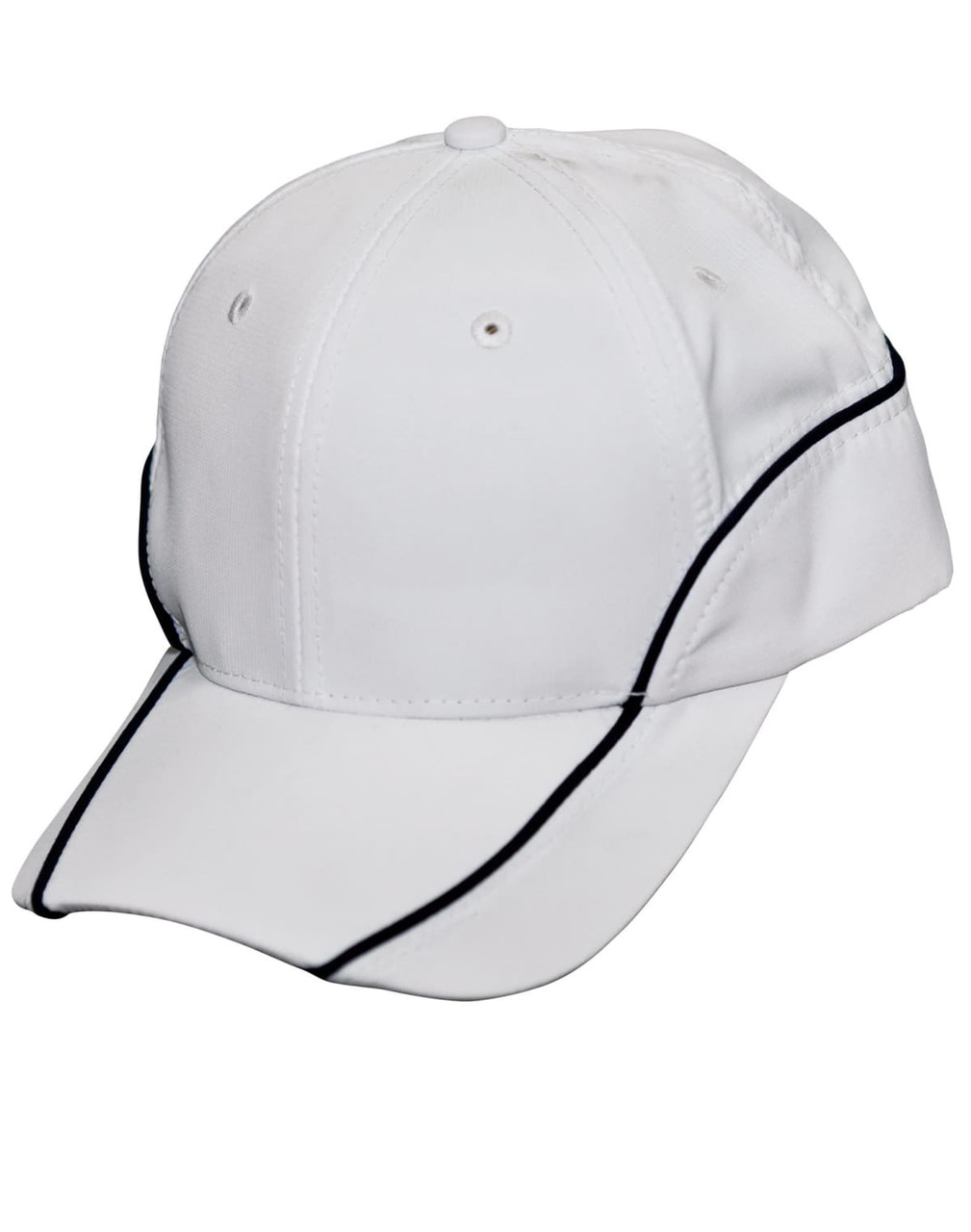 A white cap with contrast black lining and a pre-curved brim. It features ventilation holes and a logo.