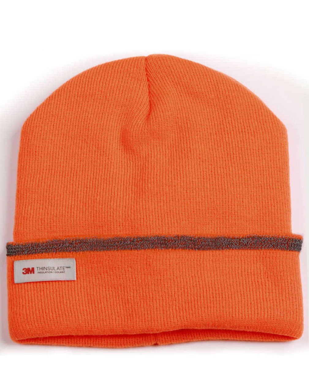 An orange beanie with a grey stripe and a logo, featuring a textured ribbed design.