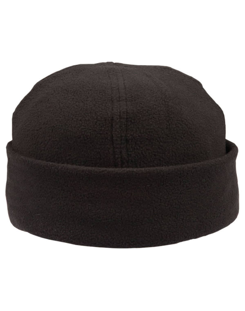 A black polar fleece beanie featuring a rounded top and a folded cuff, with a logo on the side.