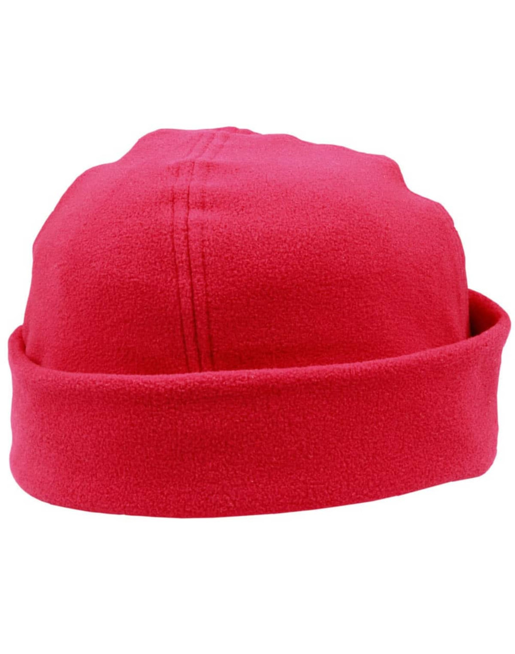 A red polar fleece beanie with a cuffed edge, featuring a logo on the side.