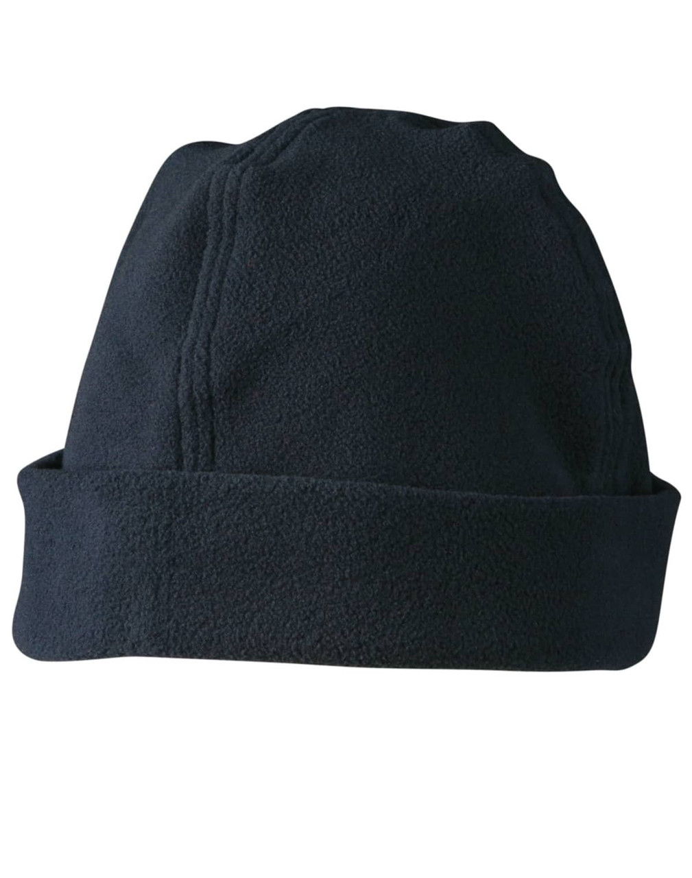 A black polar fleece beanie with a rolled brim and a simple design, featuring a logo.