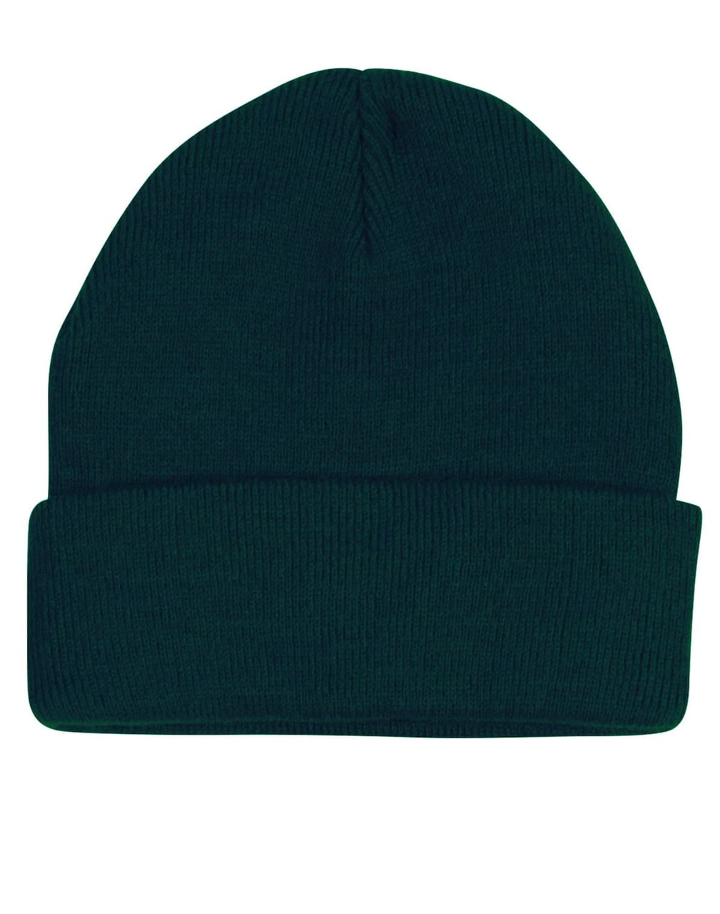 A green acrylic beanie with a rolled cuff and a seamless design. It features a logo on the side.