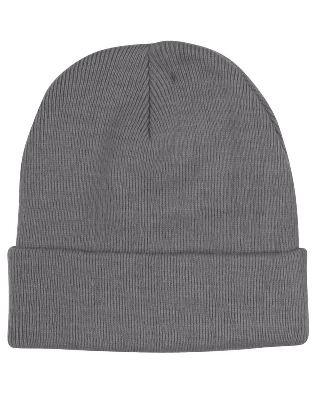 A grey acrylic beanie with a ribbed texture and a folded cuff, featuring a logo.