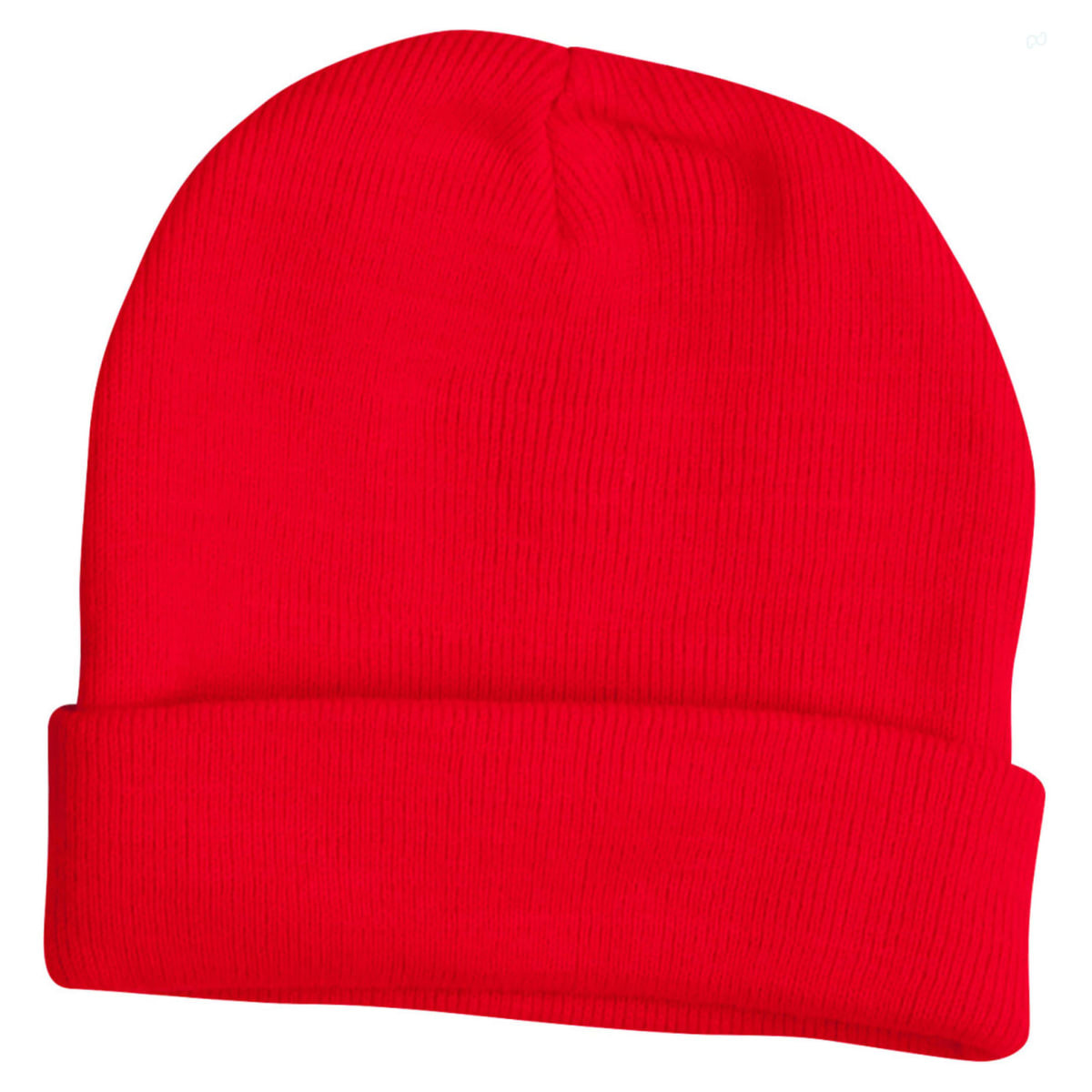 Acrylic beanie in bright red, featuring a ribbed texture and folded cuff. It has a small logo on its side.