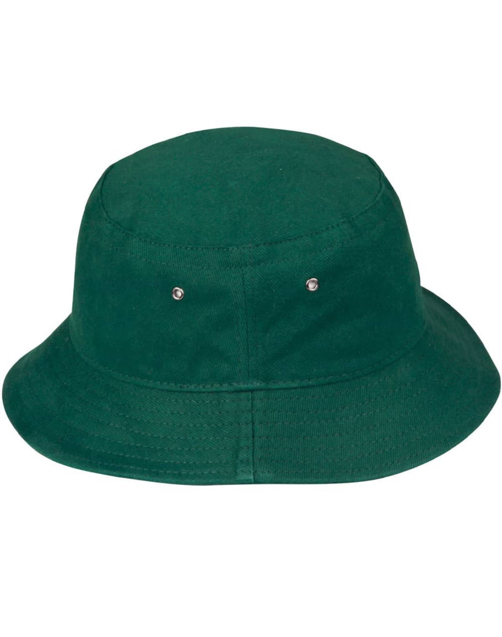 A green H/B/C bucket hat featuring a rounded crown and a wide brim, with metal snap details.