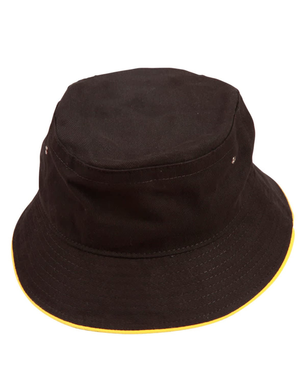 A black bucket hat with a contrast yellow trim and a small logo. It has a soft washed texture.