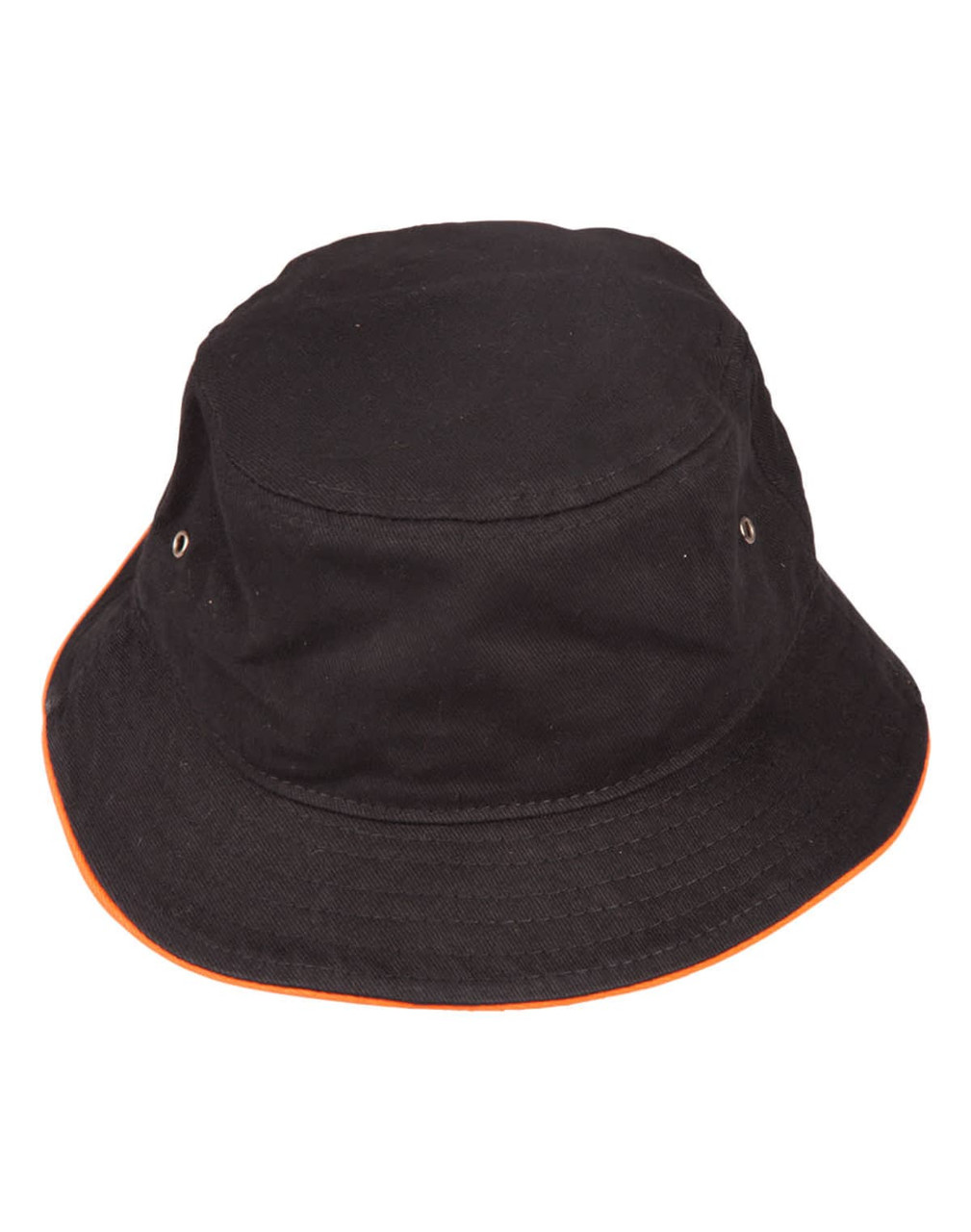 A black bucket hat with an orange contrast trim and metal ventilation eyelets. Includes a branding logo.