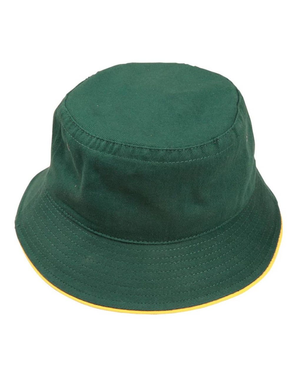 A green bucket hat with a yellow contrast band, featuring a logo on the side.