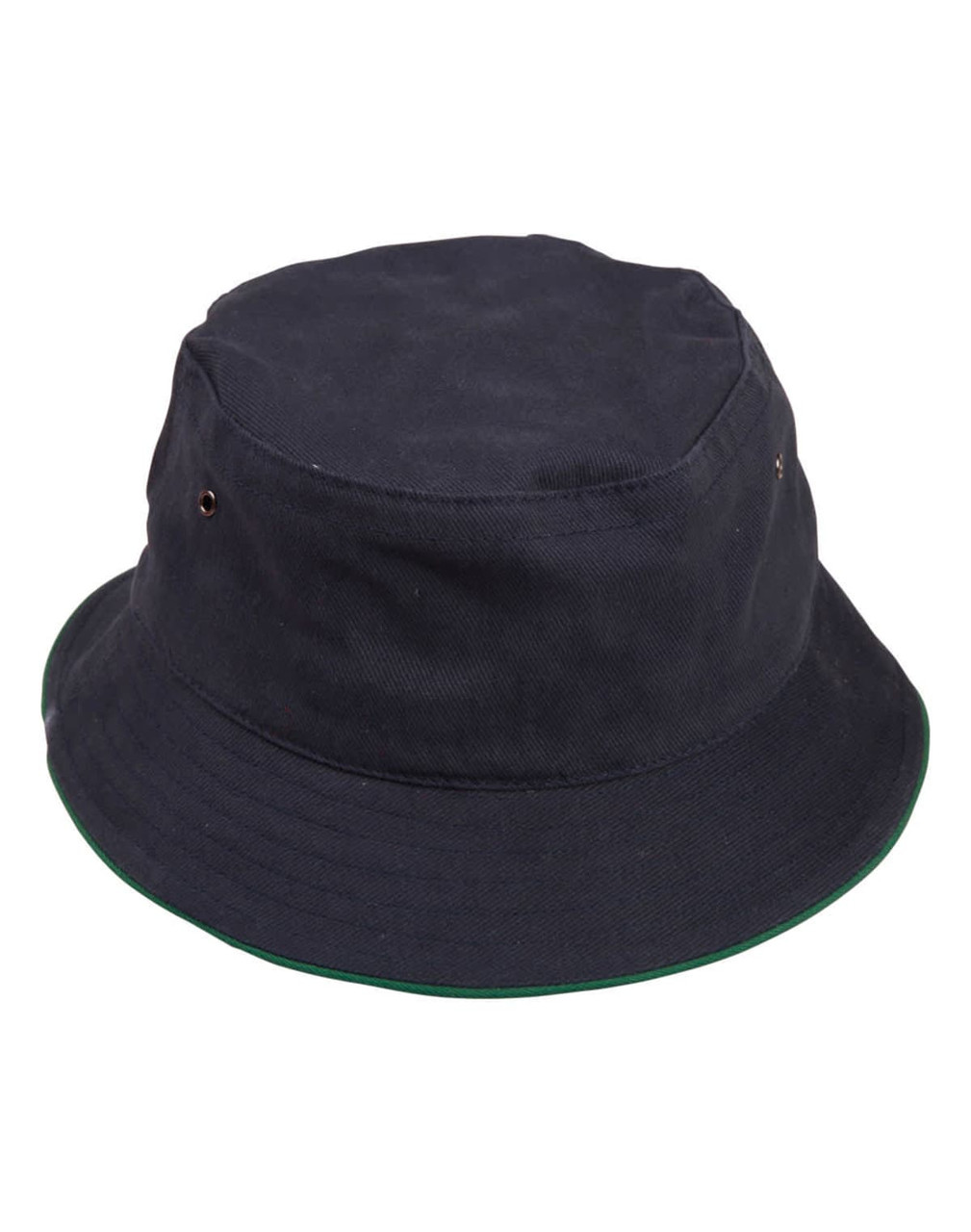 A navy bucket hat with a contrasting green brim, featuring ventilation eyelets and a logo.