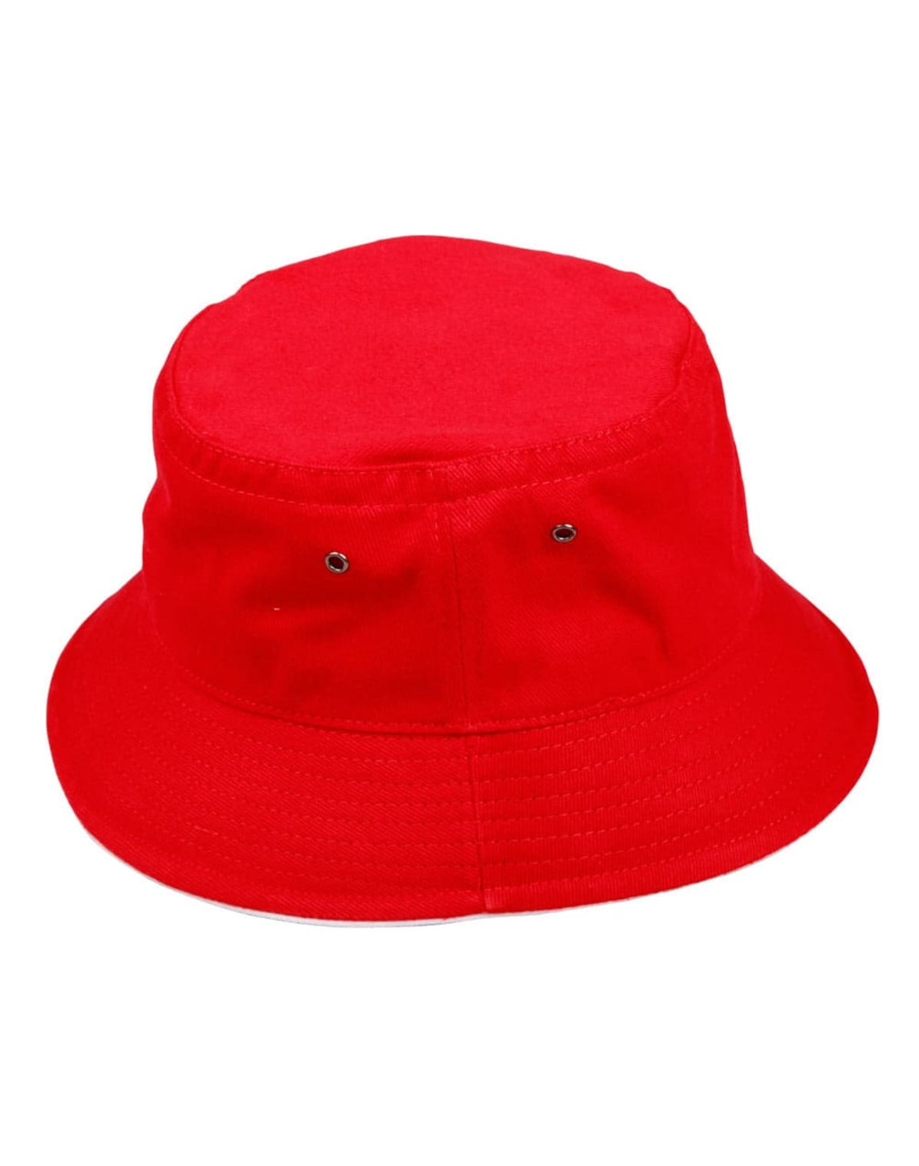 A red bucket hat with contrast stitching and ventilation eyelets. Features a logo on the side.
