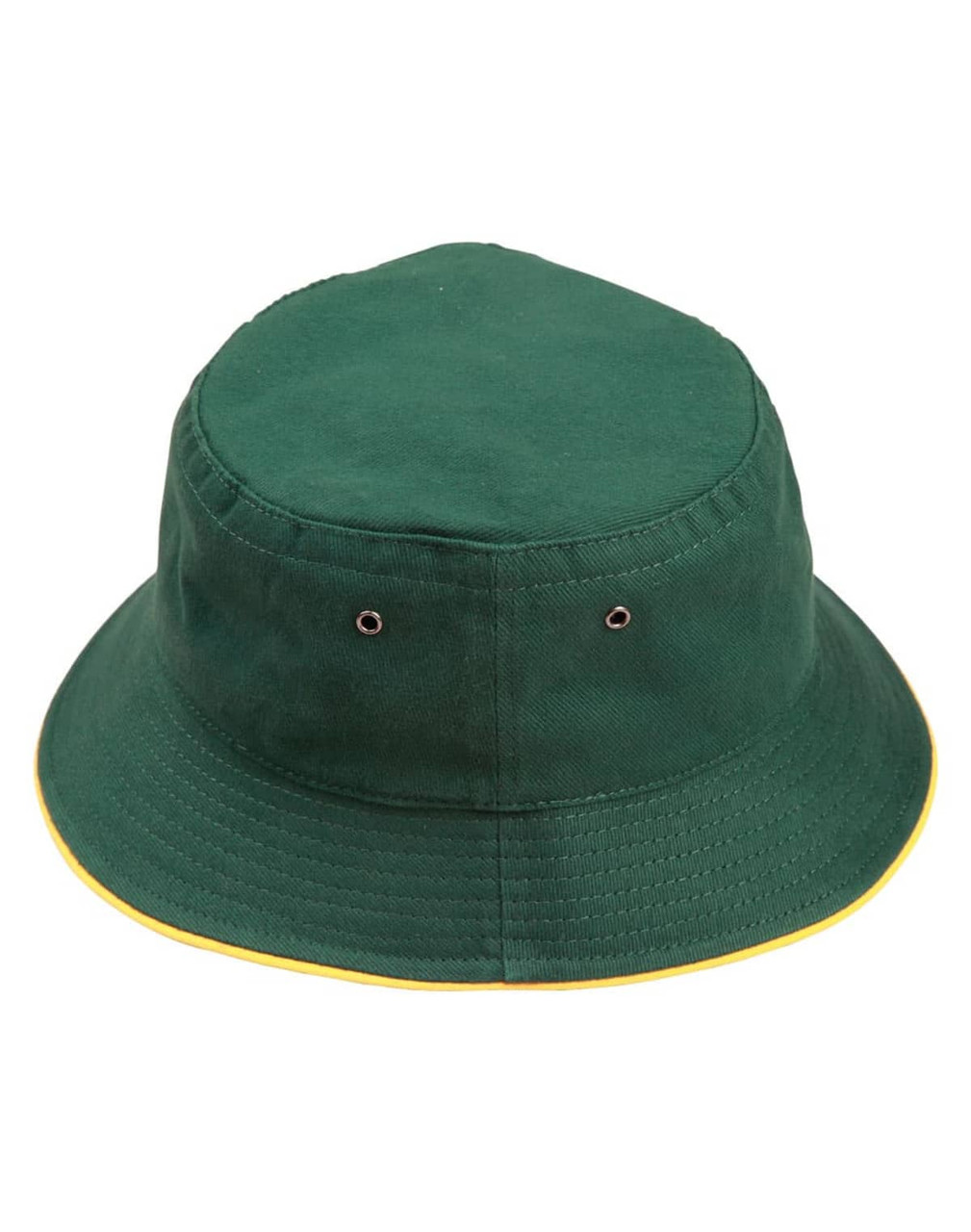 A green bucket hat with a contrast yellow trim and a logo on the side.