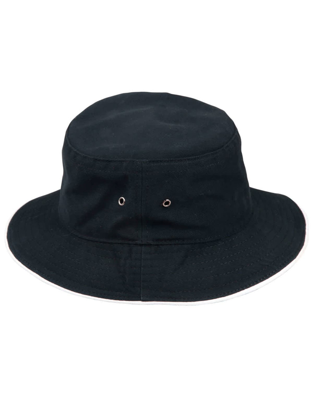 A black bucket hat with a contrasting white brim and metal eyelets for ventilation. It features a logo.