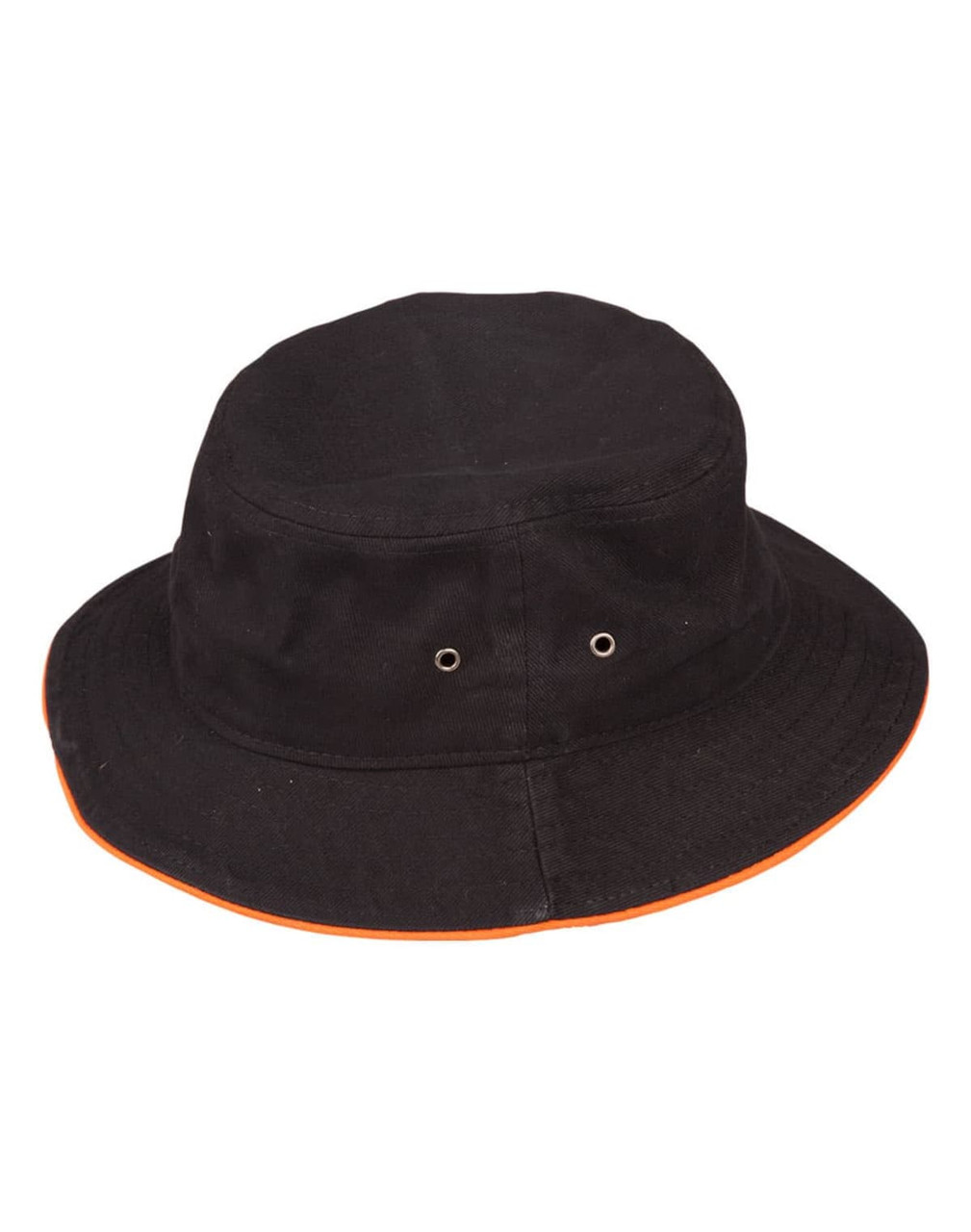 A black bucket hat with a contrast orange trim and eyelet vents. It features a logo on the side.