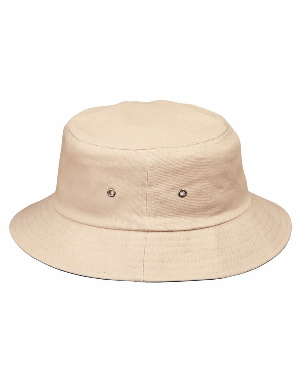 A beige bucket hat featuring ventilation eyelets and a wide brim. The hat has a simple design with no visible logos.